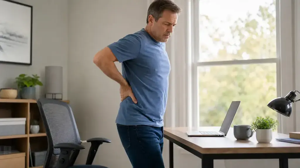 Person holding their lower back in discomfort at a desk