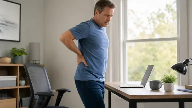 Person holding their lower back in discomfort at a desk