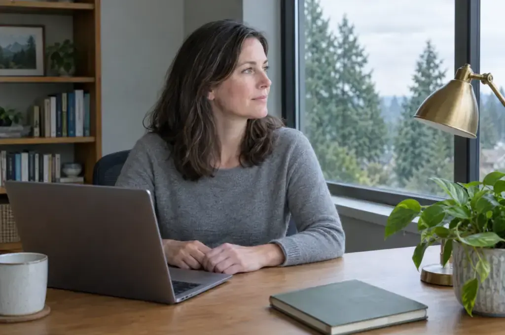 Woman at a home office desk in Woodinville turning her head easily toward the window, no headache