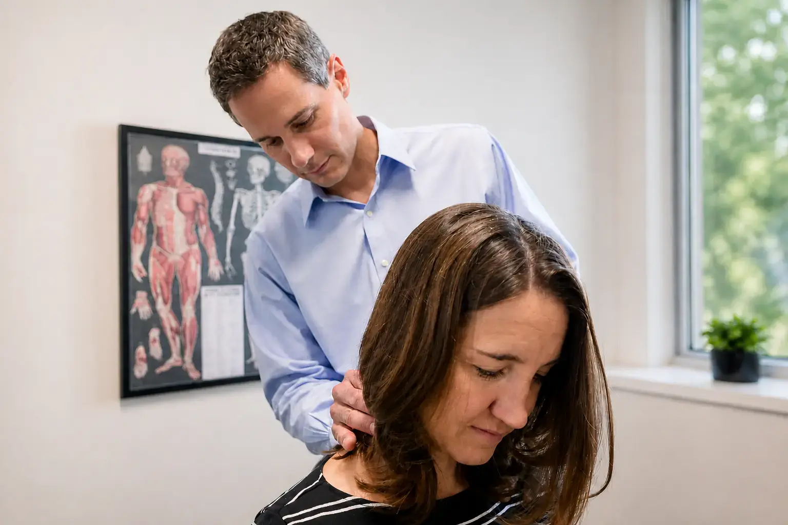 Dr. Penner examining a patient's neck and shoulders