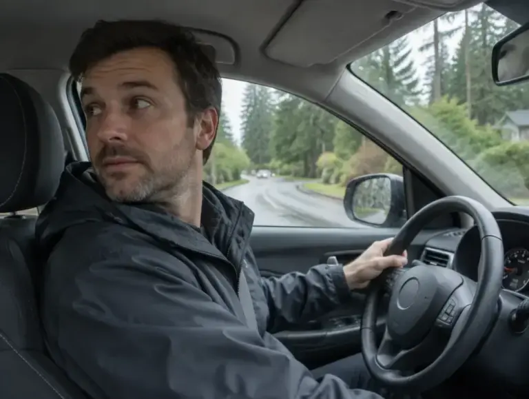 Driver on a tree-lined Woodinville road turning his head freely to check his blind spot