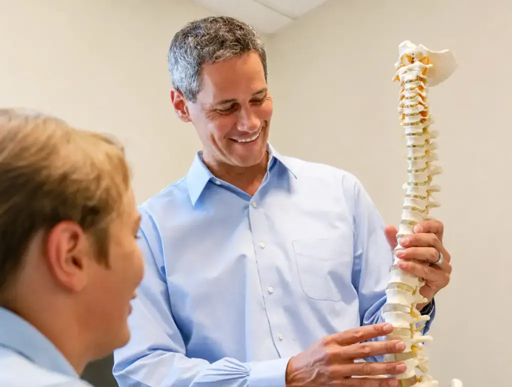 Dr. Penner explaining what he found on a spine model at the Woodinville clinic