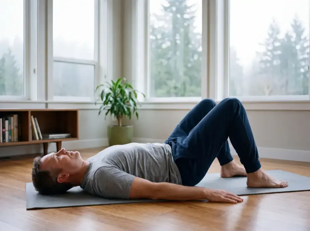 Man doing a gentle pelvic tilt exercise on a mat at home in Woodinville on a misty morning