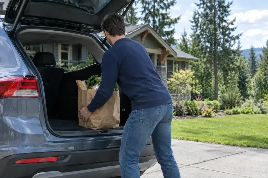 Man in a Woodinville driveway lifting a bag of groceries from his car with an easy, relaxed back