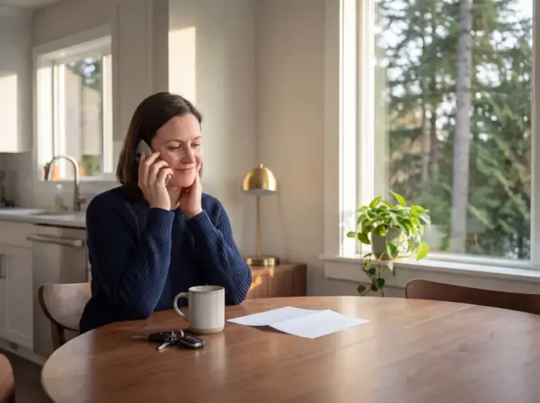 Woman at her kitchen table in Woodinville calmly calling her auto insurer about a PIP claim