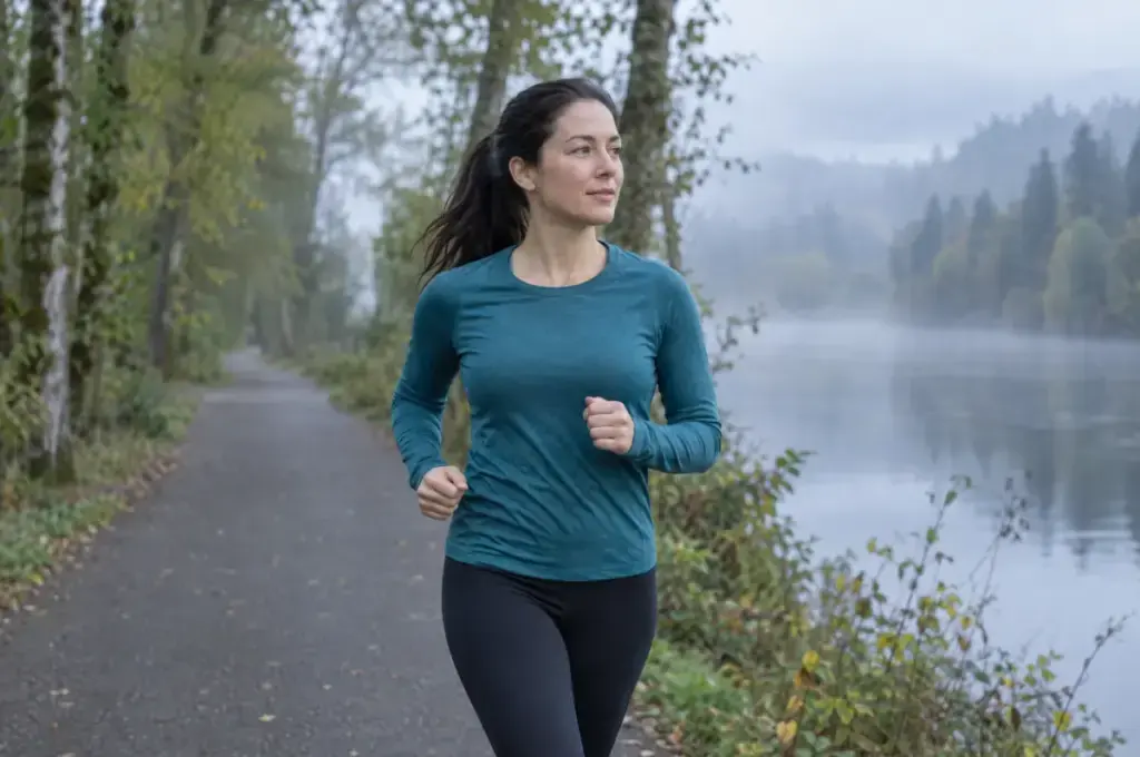 Runner with easy, relaxed form on a misty riverside trail near Woodinville