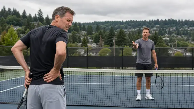 Athlete holding their lower back after an injury on the tennis court